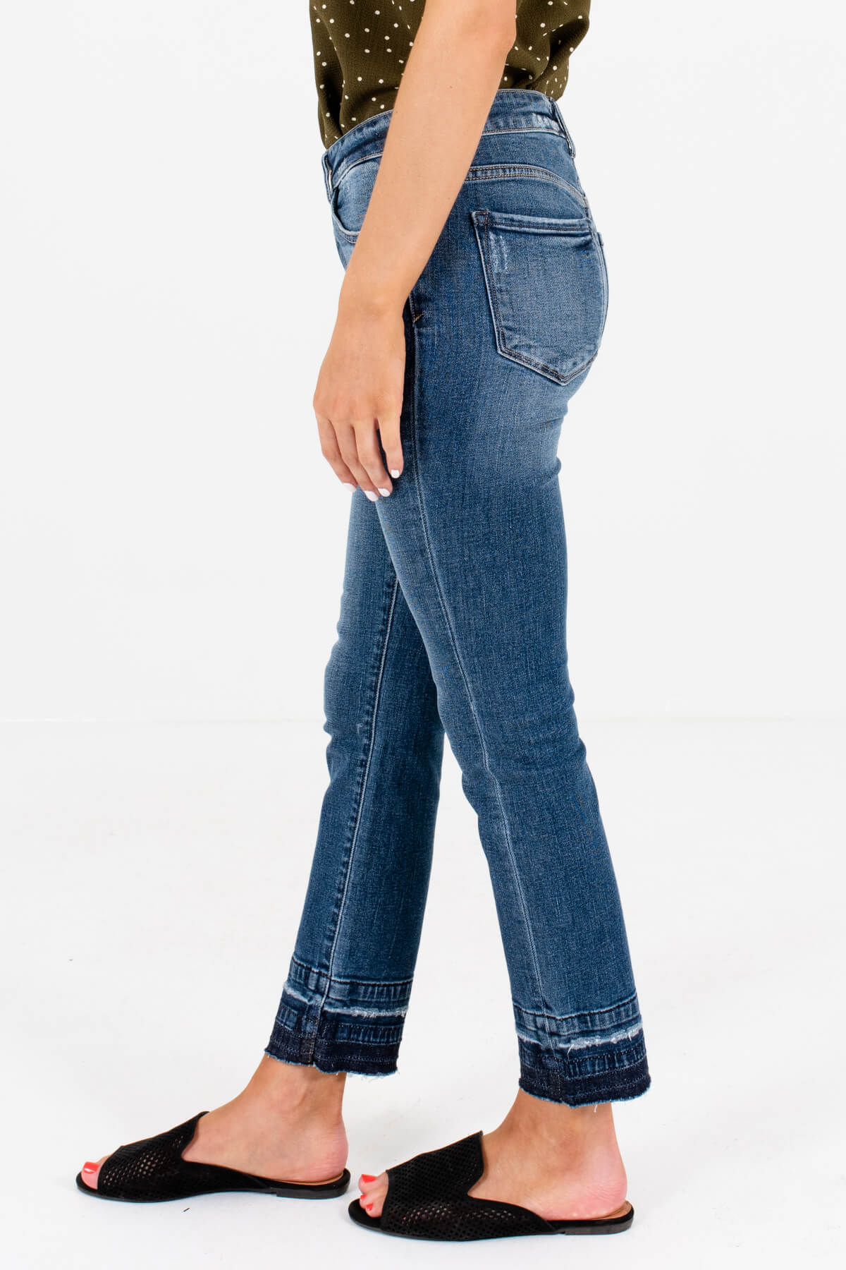 Medium Wash Blue Denim Distressed Patches Boutique Jeans for Women