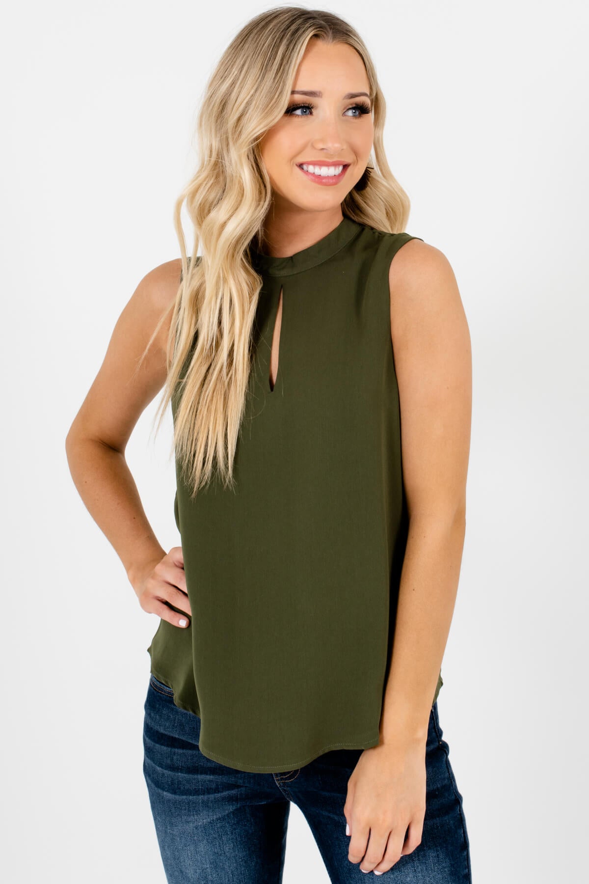 Olive Green High Neck Keyhole Cutout Tank Blouses for Women