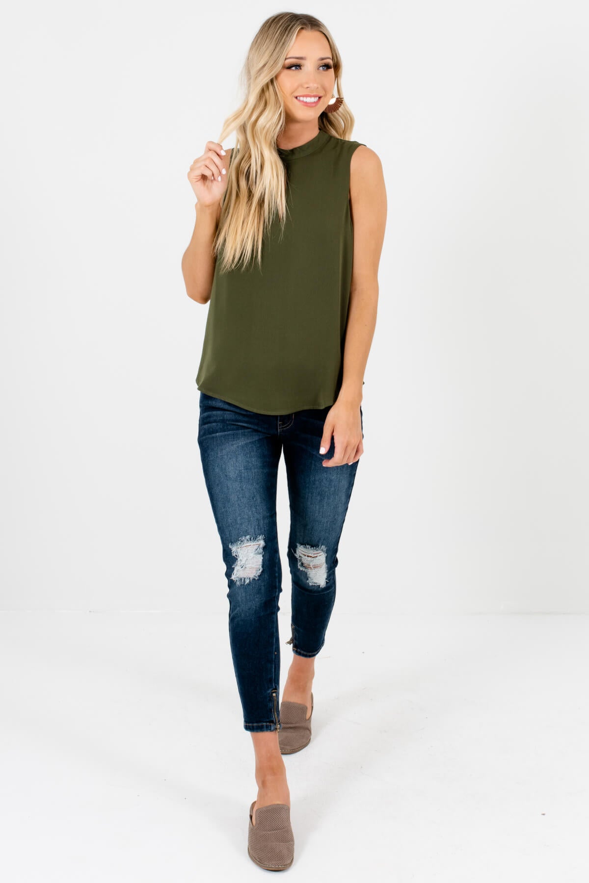 Olive Green High Neckline Keyhole Cutout Tank Blouses for Women