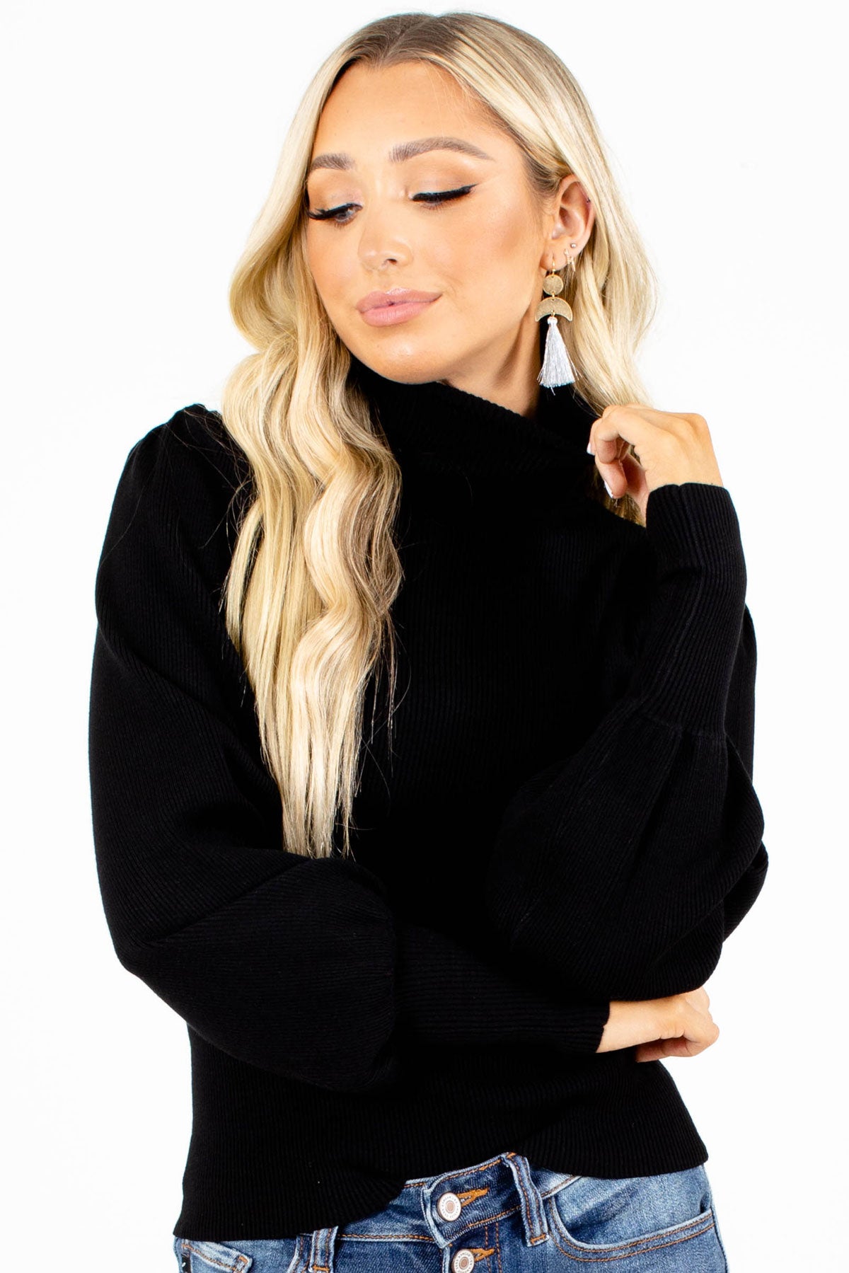 Black Ribbed Puff Sleeve Boutique Top