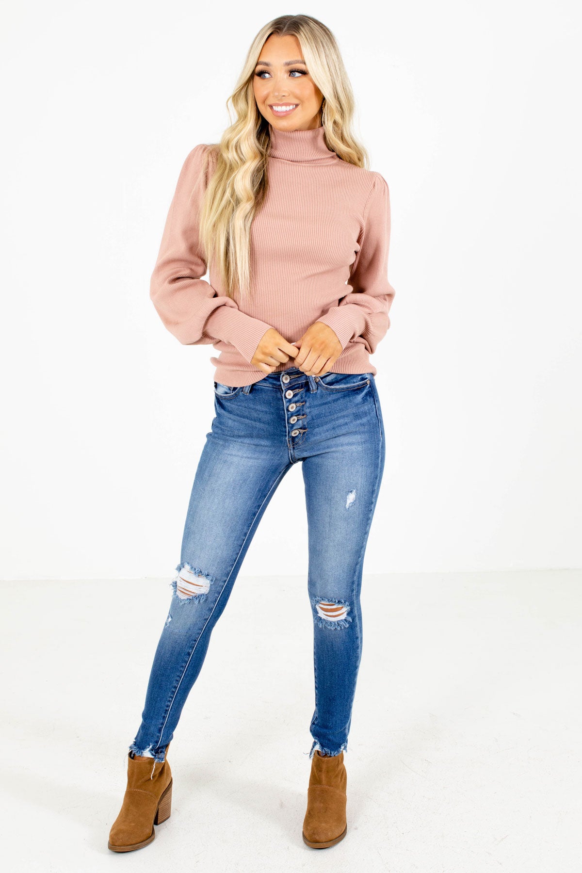 Salmon Ribbed Soft Top with Puff Sleeves