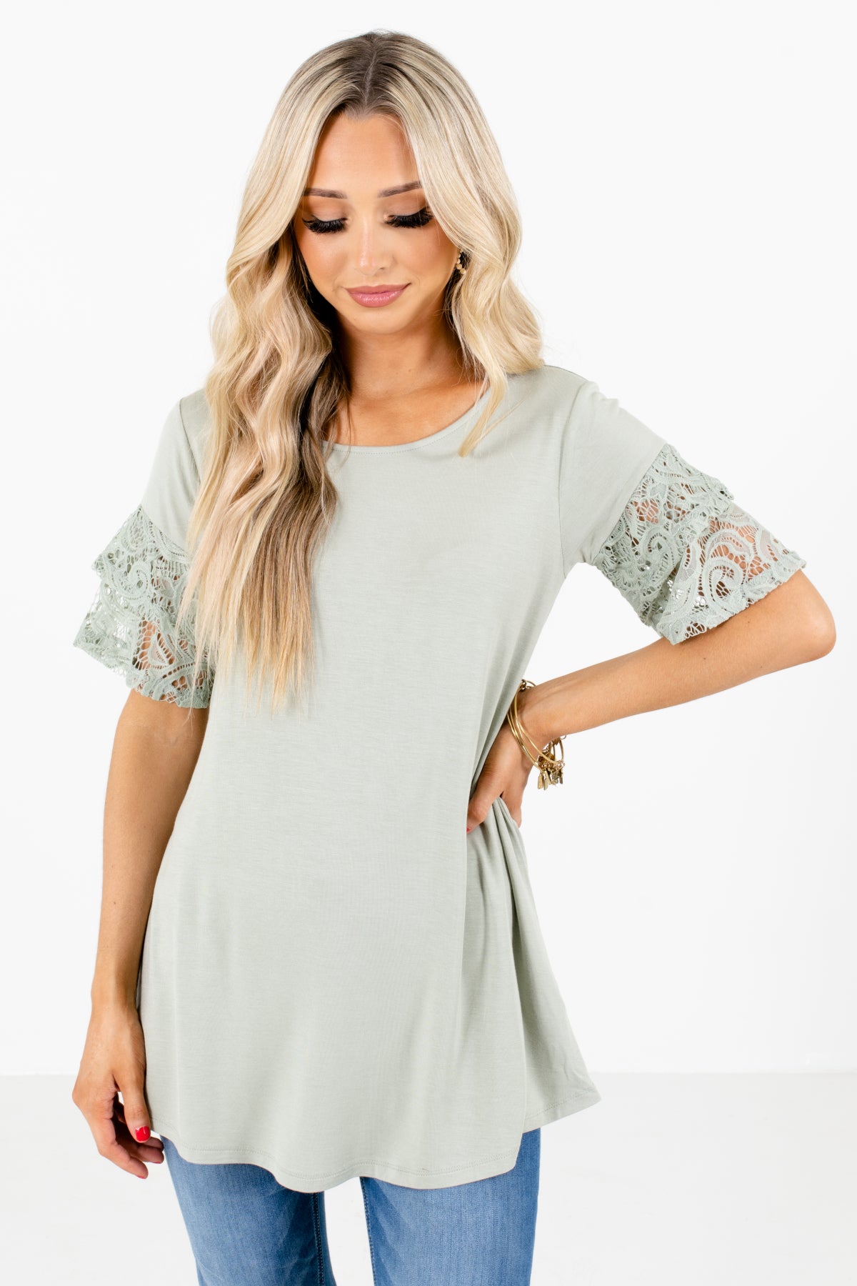 Lace Sleeve Top in Light Sage Green For Women