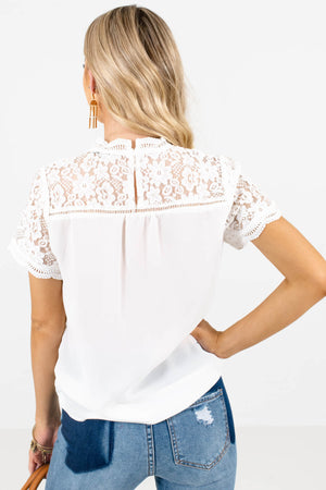 Women's White Ladder Lace Accented Boutique Blouse