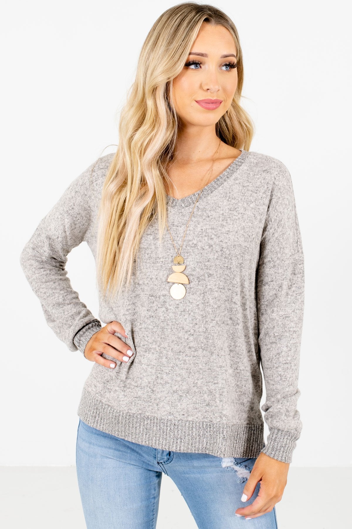 Taupe Brown V-Neckline Boutique Tops for Women