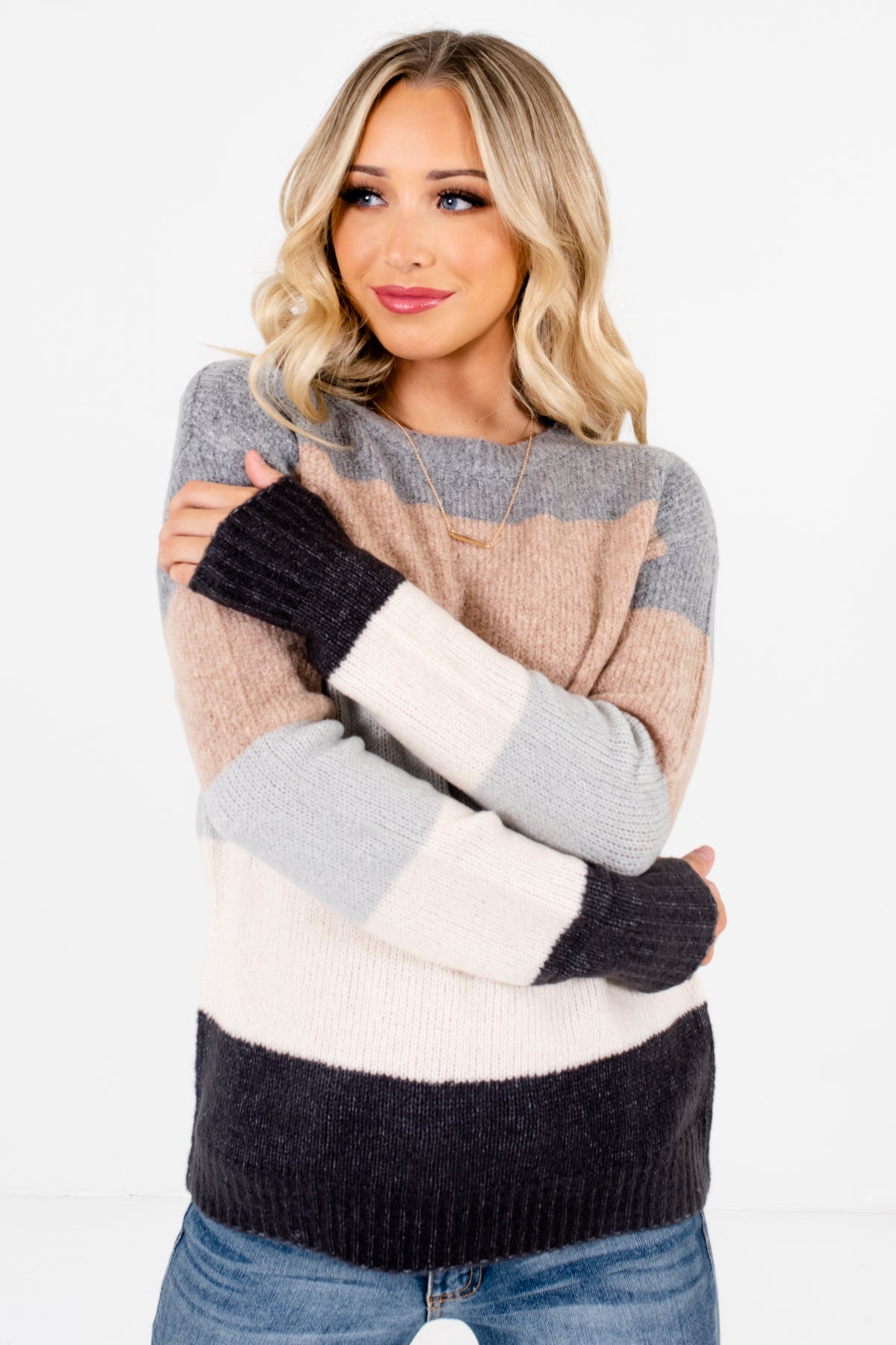 Women's Gray Round Neckline Boutique Sweater