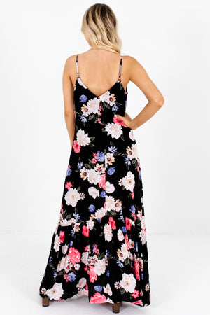 Black Coral Periwinkle Blush Floral Print Button Up Maxi Dresses