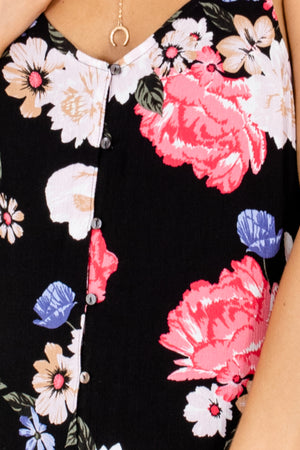 Black Coral Blue Pink Green Floral Print Button-Up Maxi Dresses