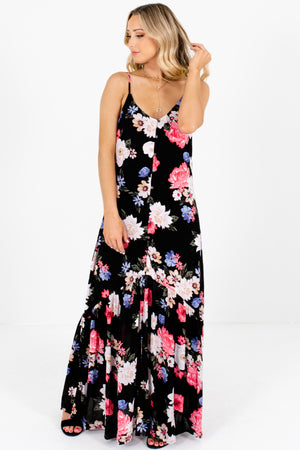 Black Coral Periwinkle Blush Floral Print Button-Up Maxi Dresses for Women