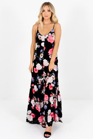 Black Multicolor Floral Print Button-Up Maxi Dresses for Women