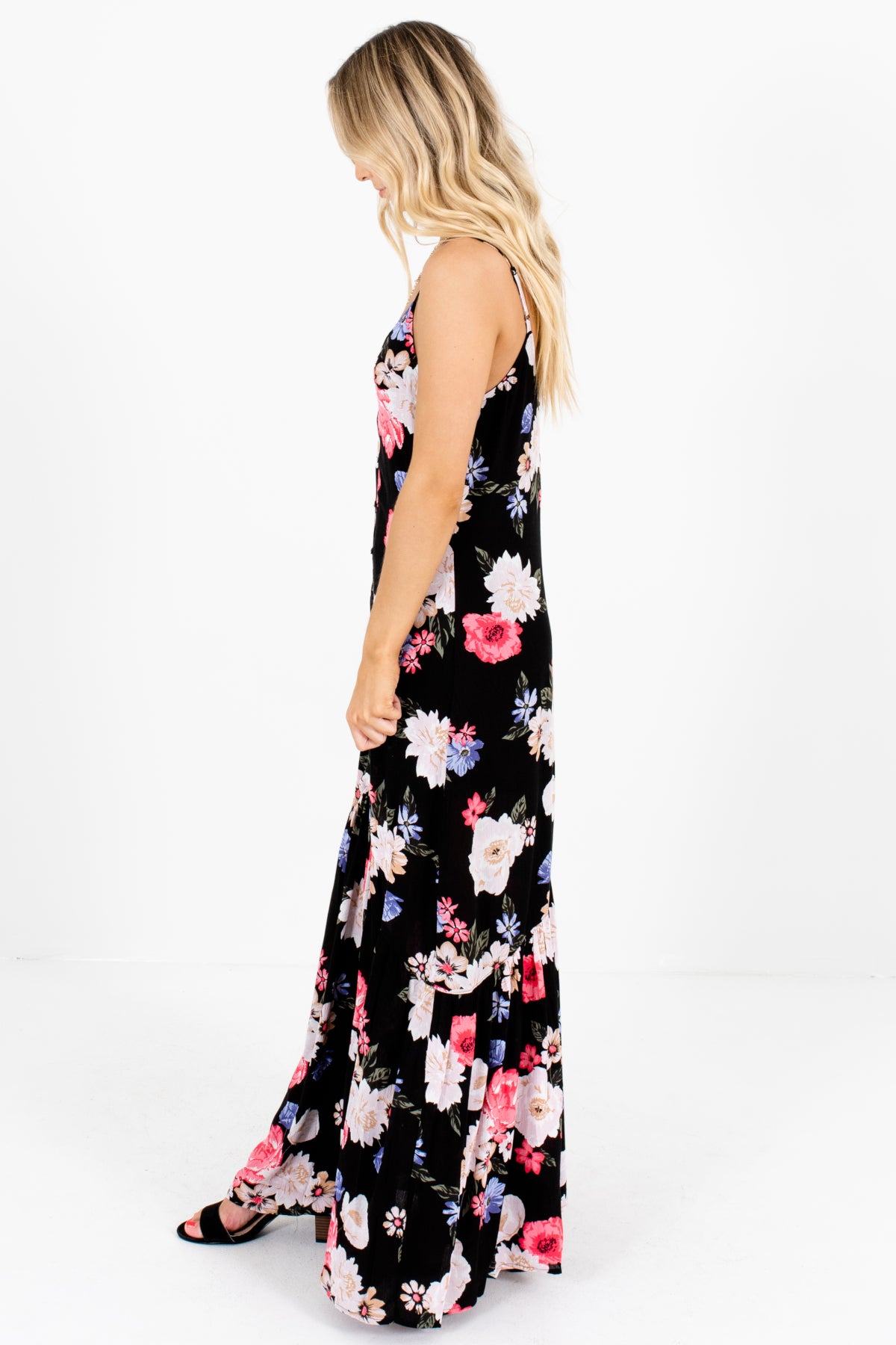 Black Coral Periwinkle Green Blush Floral Print Button-Up Maxi Dresses