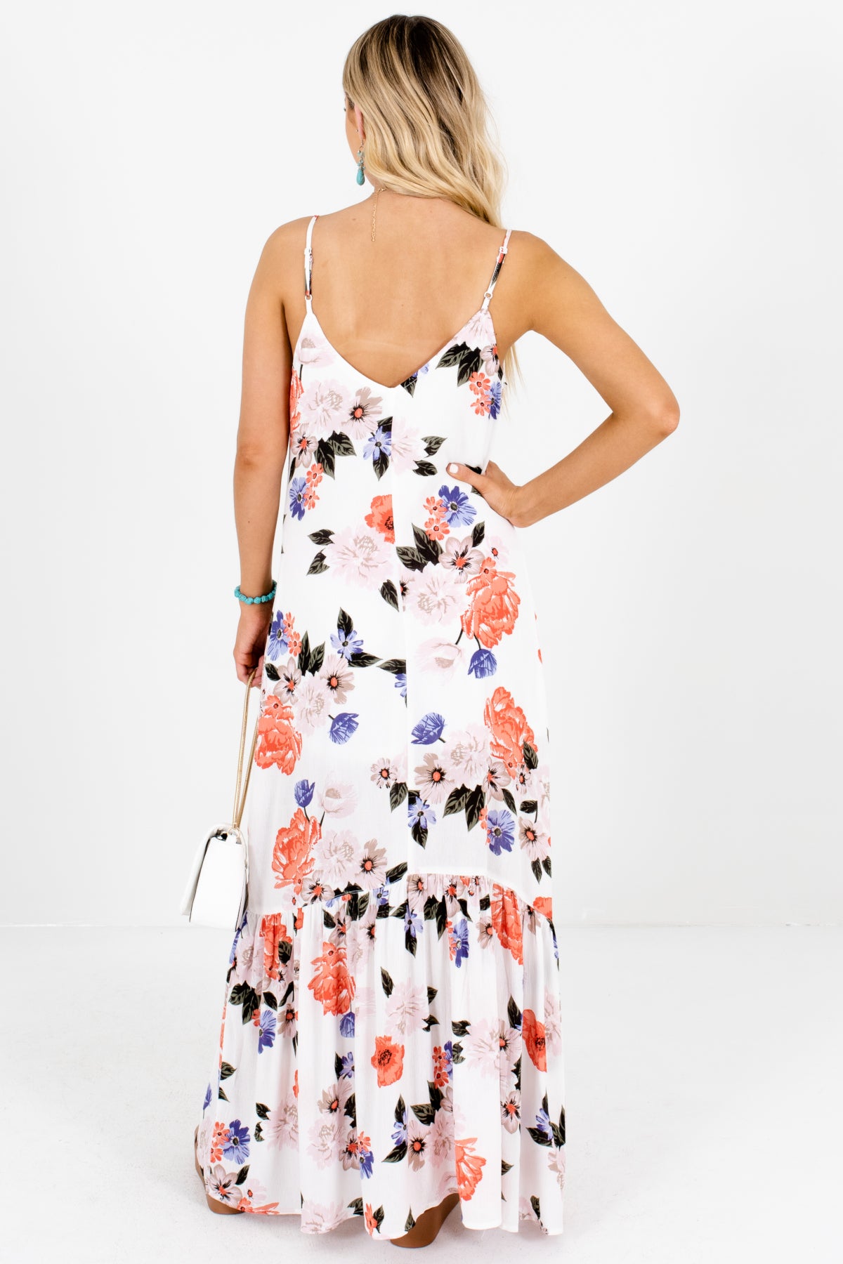 White Coral Periwinkle Floral Print Button-Up Maxi Dresses for Women