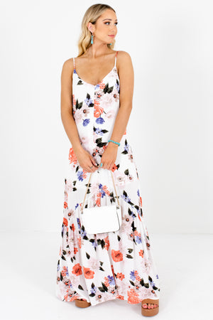 White Coral Periwinkle Blush Floral Print Button-Up Maxi Sundresses