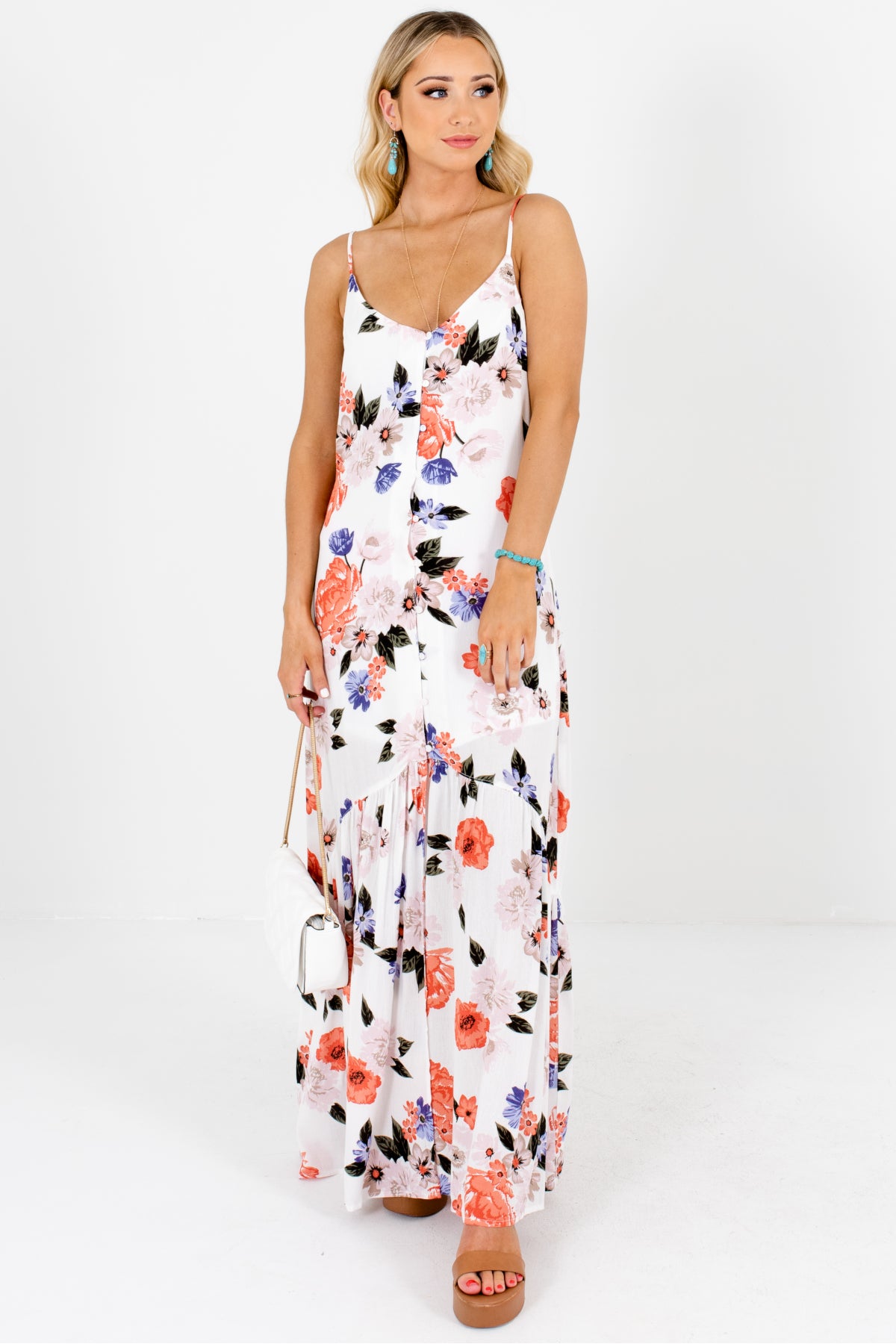 White Floral Print Button Up Maxi Dresses Affordable Online Boutique