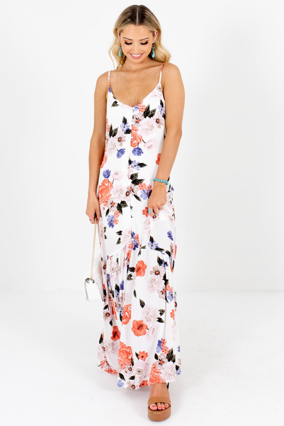 White Floral Print Button-Up Maxi Dresses Affordable Online Boutique