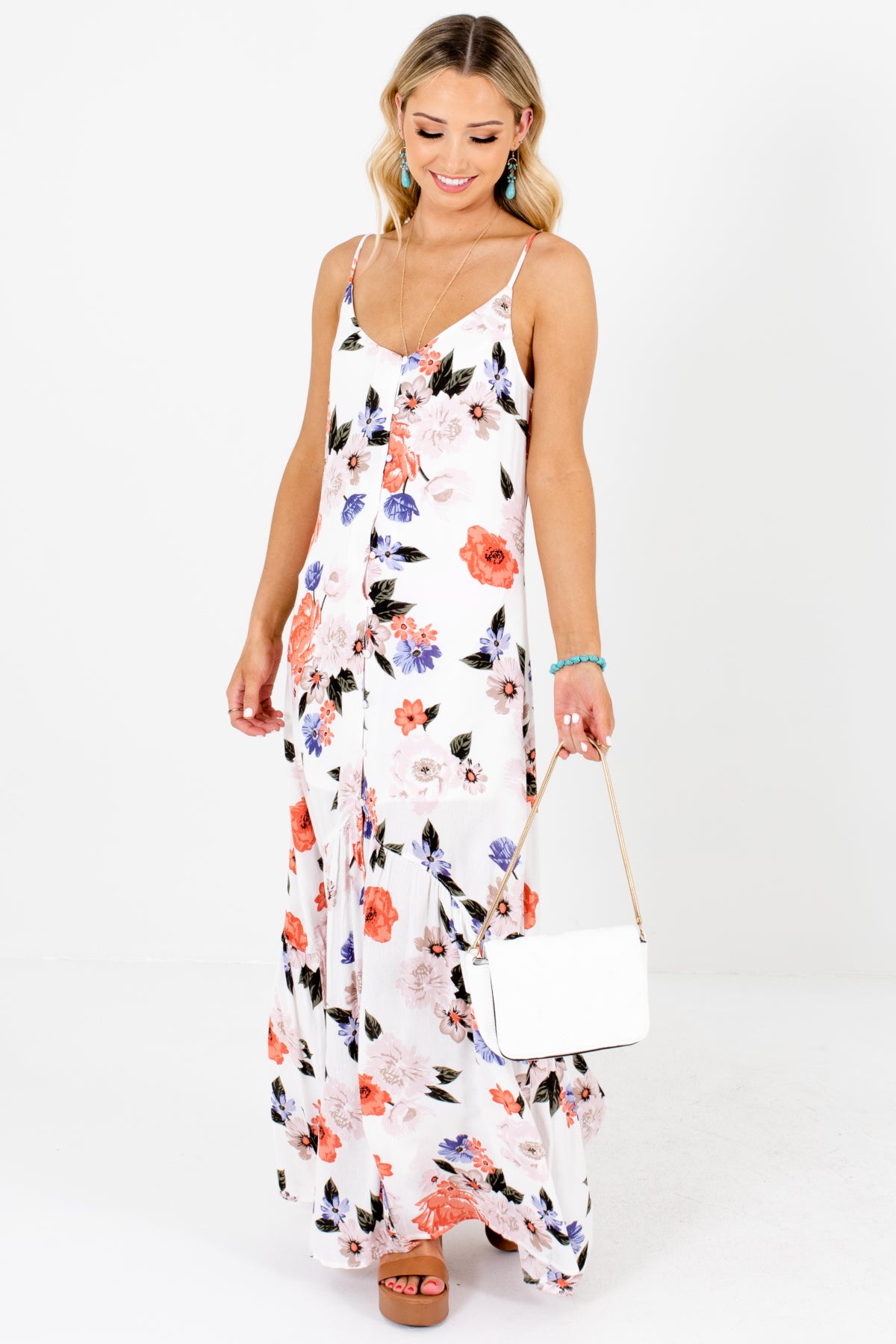 White Coral Green Purple Floral Print Button-Up Maxi Dresses