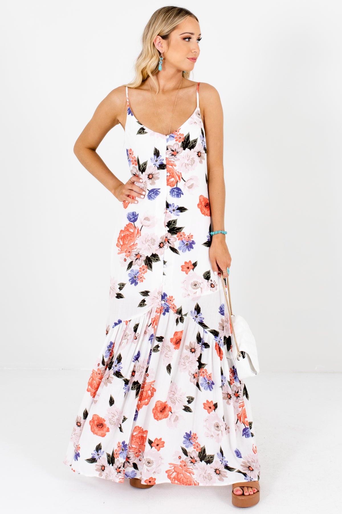 White Coral Periwinkle Blush Floral Print Button-Up Maxi Dresses