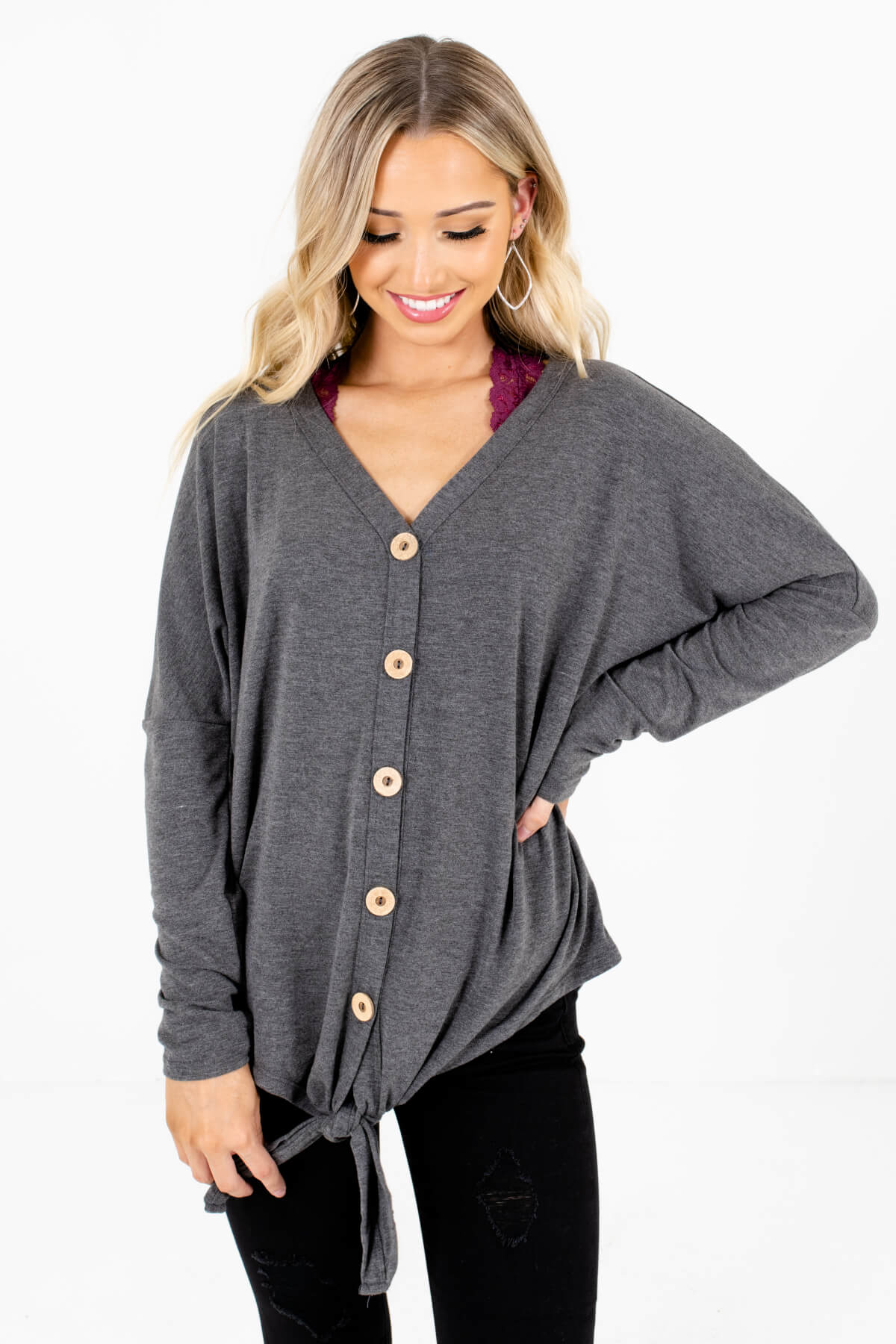 Charcoal Gray Button-Up Front Boutique Tops for Women