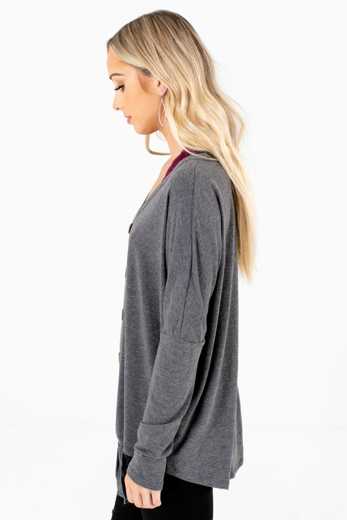 Charcoal Gray Long Sleeve Boutique Tops for Women