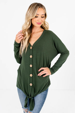 Olive Green Wooden Button-Up Front Boutique Tops for Women