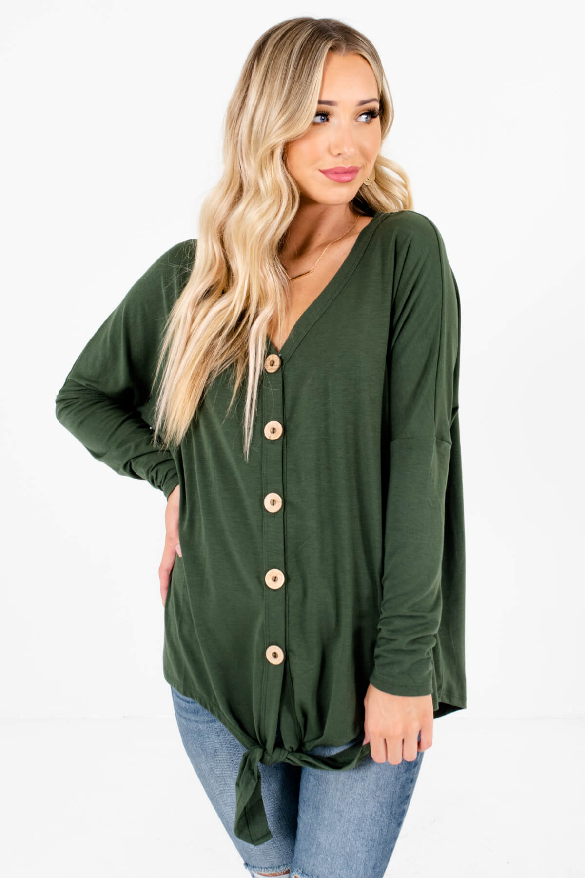 Women's Olive Green Long Sleeve Style Boutique Tops