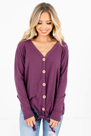 Purple Wooden Button Accented Boutique Tops for Women