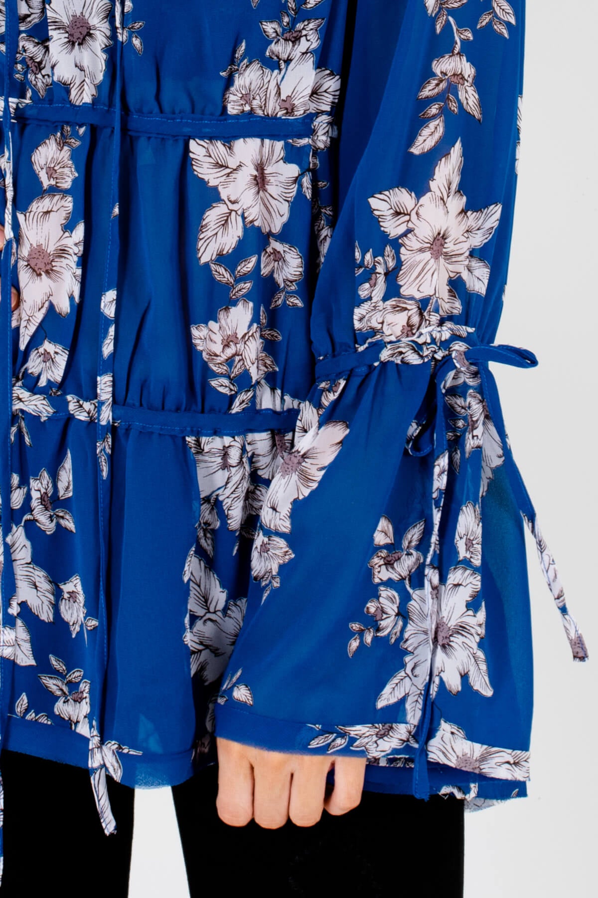 Royal Blue Floral Oversized Bohemian Tiered Blouses with Self-Tie Details