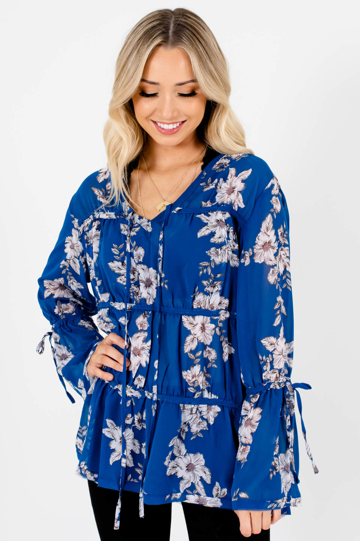 Royal Blue Floral Semi-Sheer Tiered Blouses Affordable Online Boutique