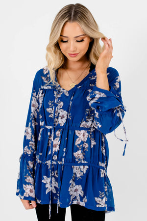 Royal Blue Grayscale Floral Bohemian Tiered Blouses for Women