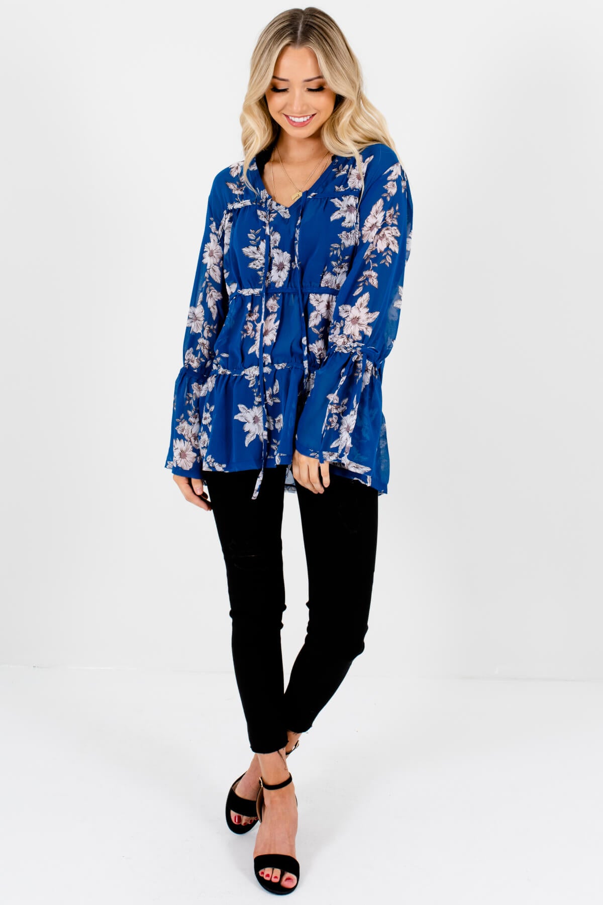 Royal Blue Floral Bohemian Tiered Semi-Sheer Blouses for Women