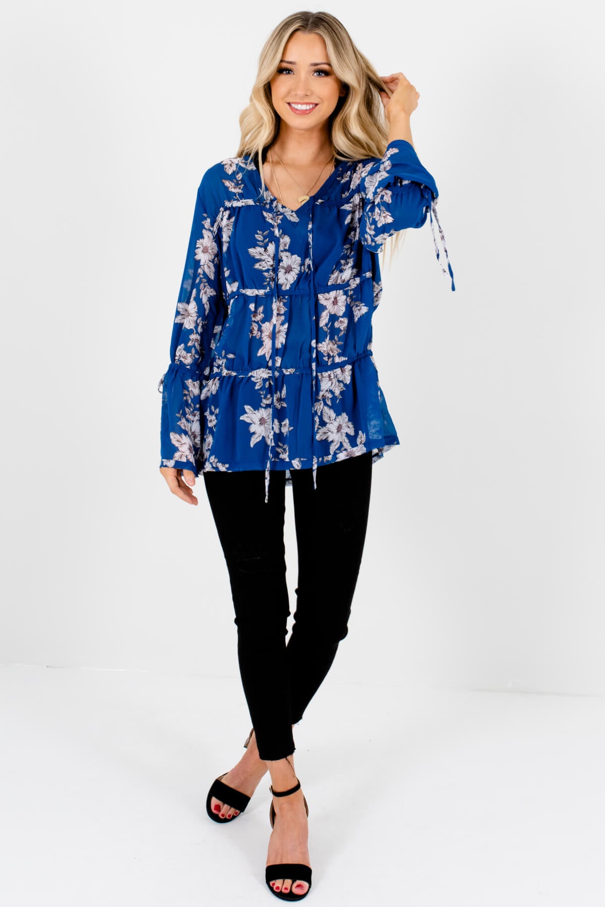 Royal Blue Floral Print Tiered Blouses with Self-Tie Details