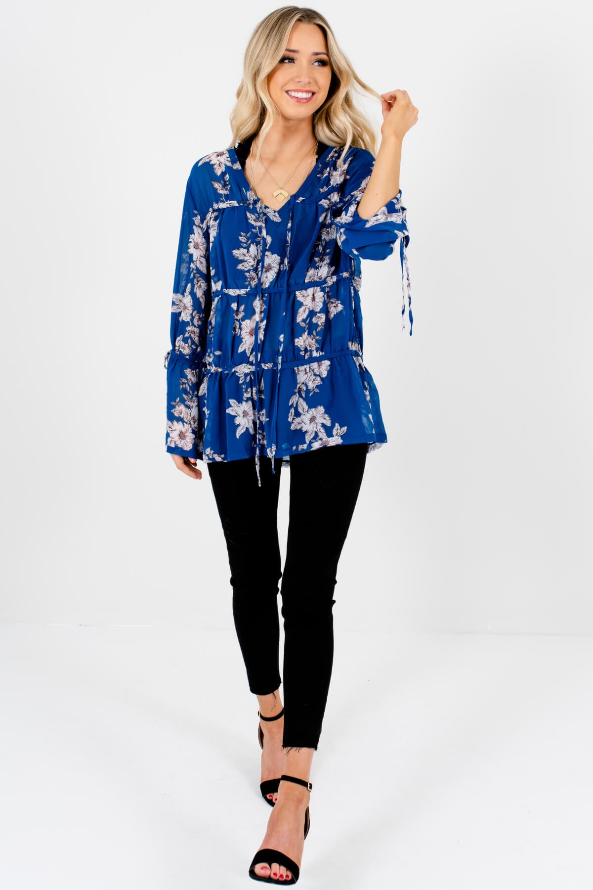 Royal Blue Floral Print Semi-Sheer Oversized Tiered Blouses