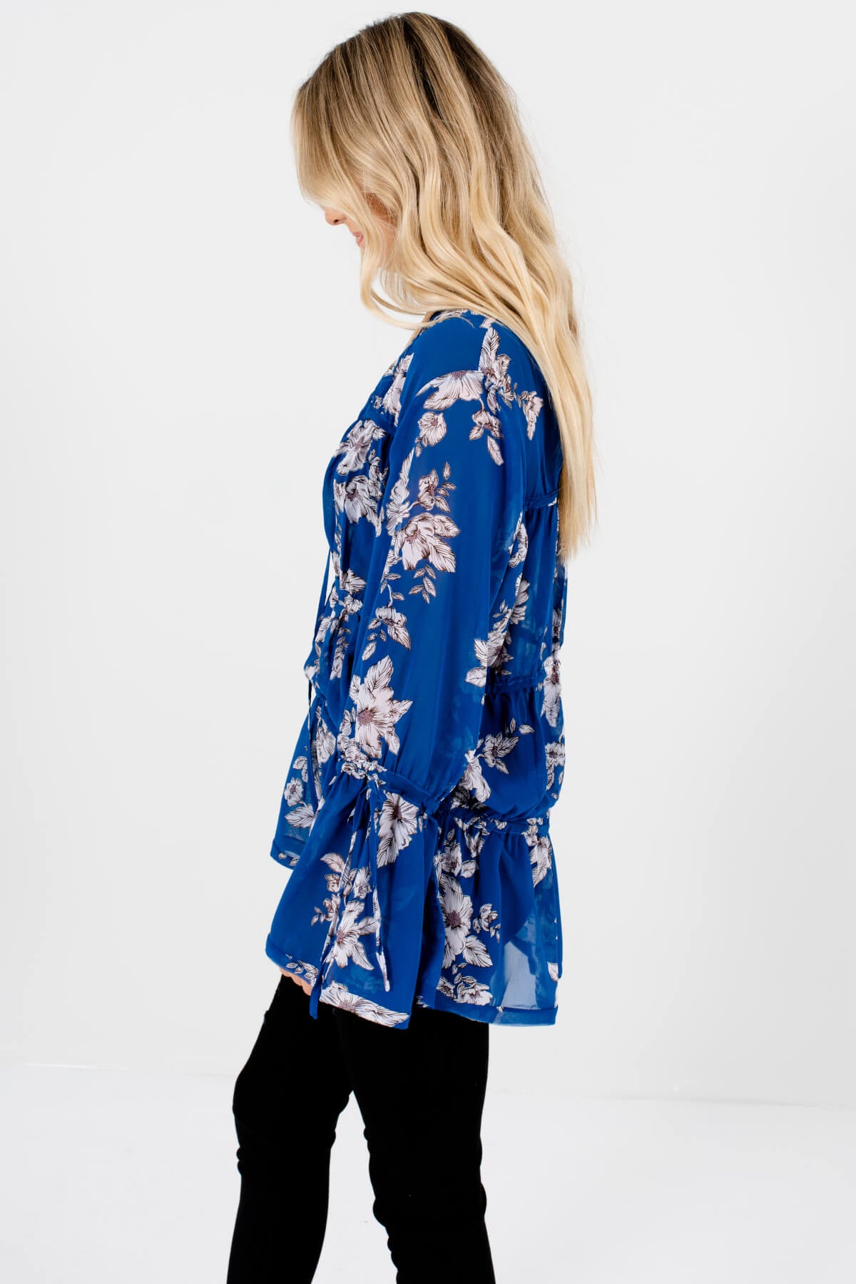 Royal Blue Grayscale Floral Print Tiered Blouses for Women