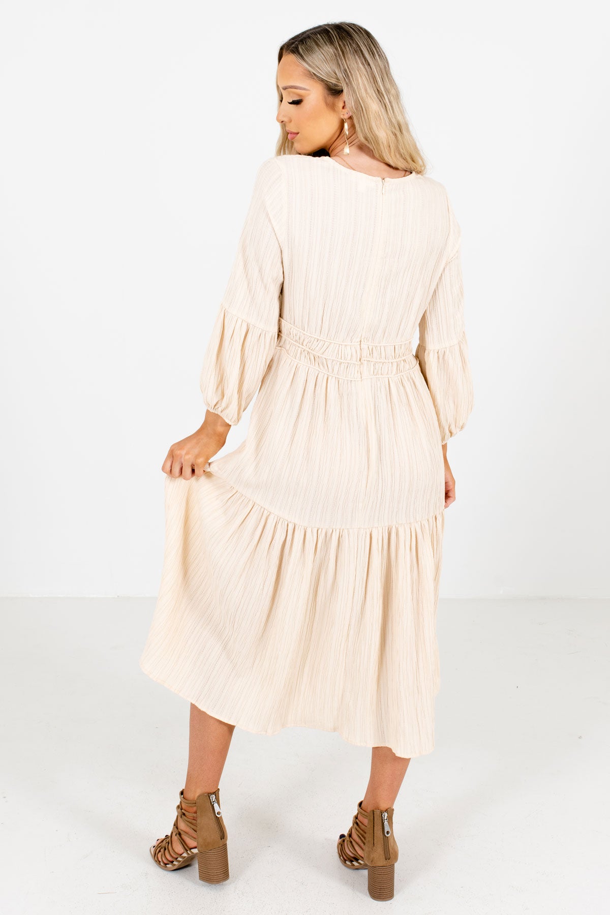 Women's Cream High-Quality Textured Material Boutique Midi Dress