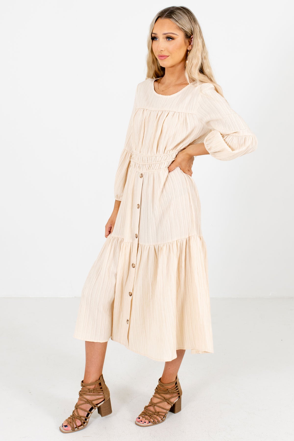 Cream Long Sleeve Boutique Midi Dresses for Women