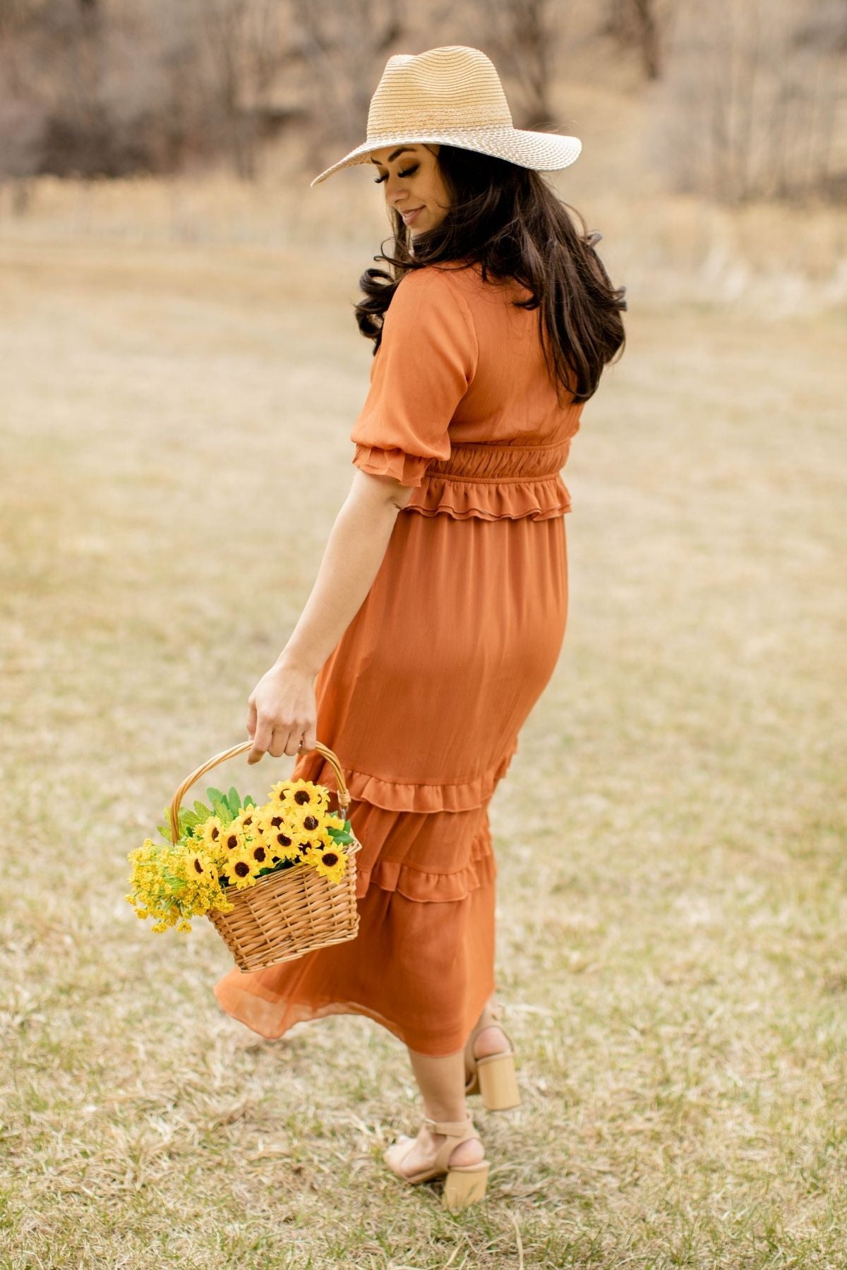 Women's Maxi Dress with Tiered Skirt in Butterscotch Orange