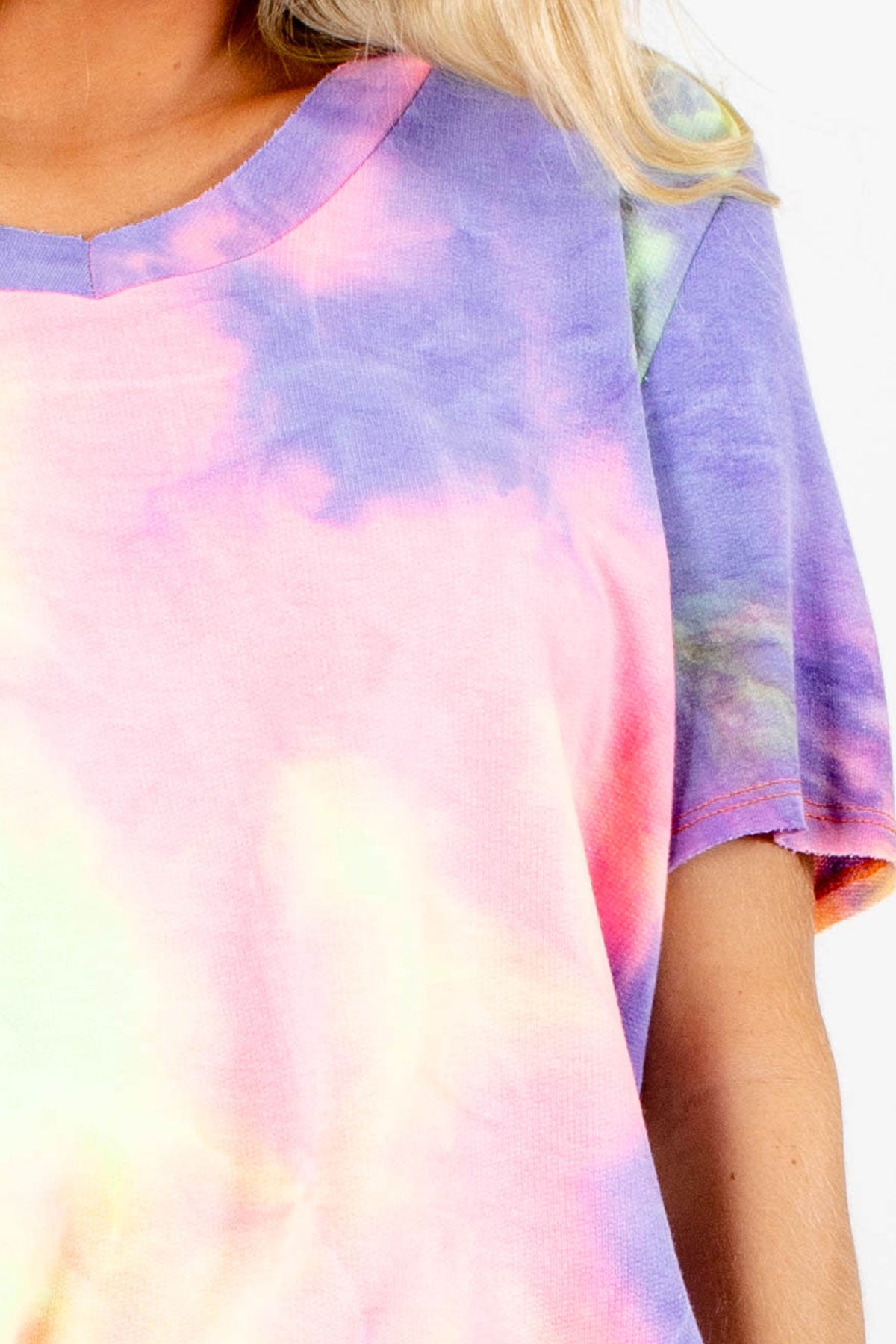 Tie Dye Print on Women's Boutique Top in Pink and Purple.