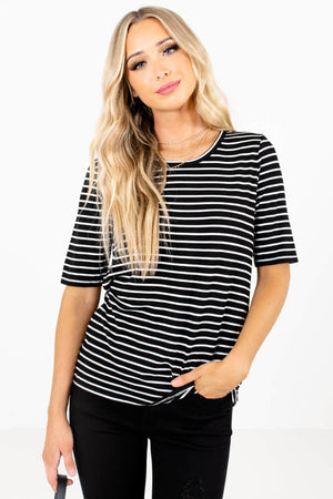 White and Black Stripe Patterned Boutique Tops for Women
