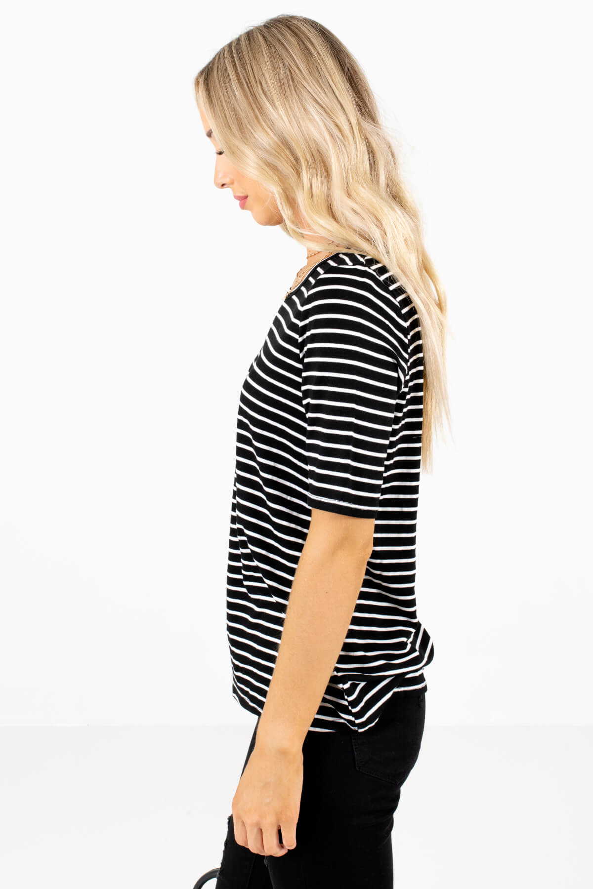 White and Black Striped Round Neckline Boutique Tops for Women