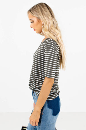 Olive and White Striped Round Neckline Boutique Tops for Women
