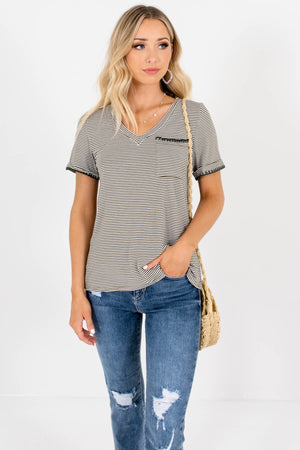 Olive Green White Striped Embroidered T-Shirts for Women