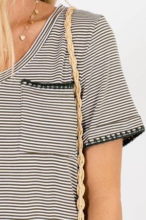 Olive Green White Striped Pocket Button T-Shirt for Women