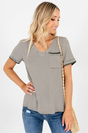 Olive Green White Striped Embroidered Pocket Tee