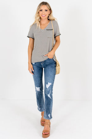 Olive Green White Striped Button Pocket Tees for Women