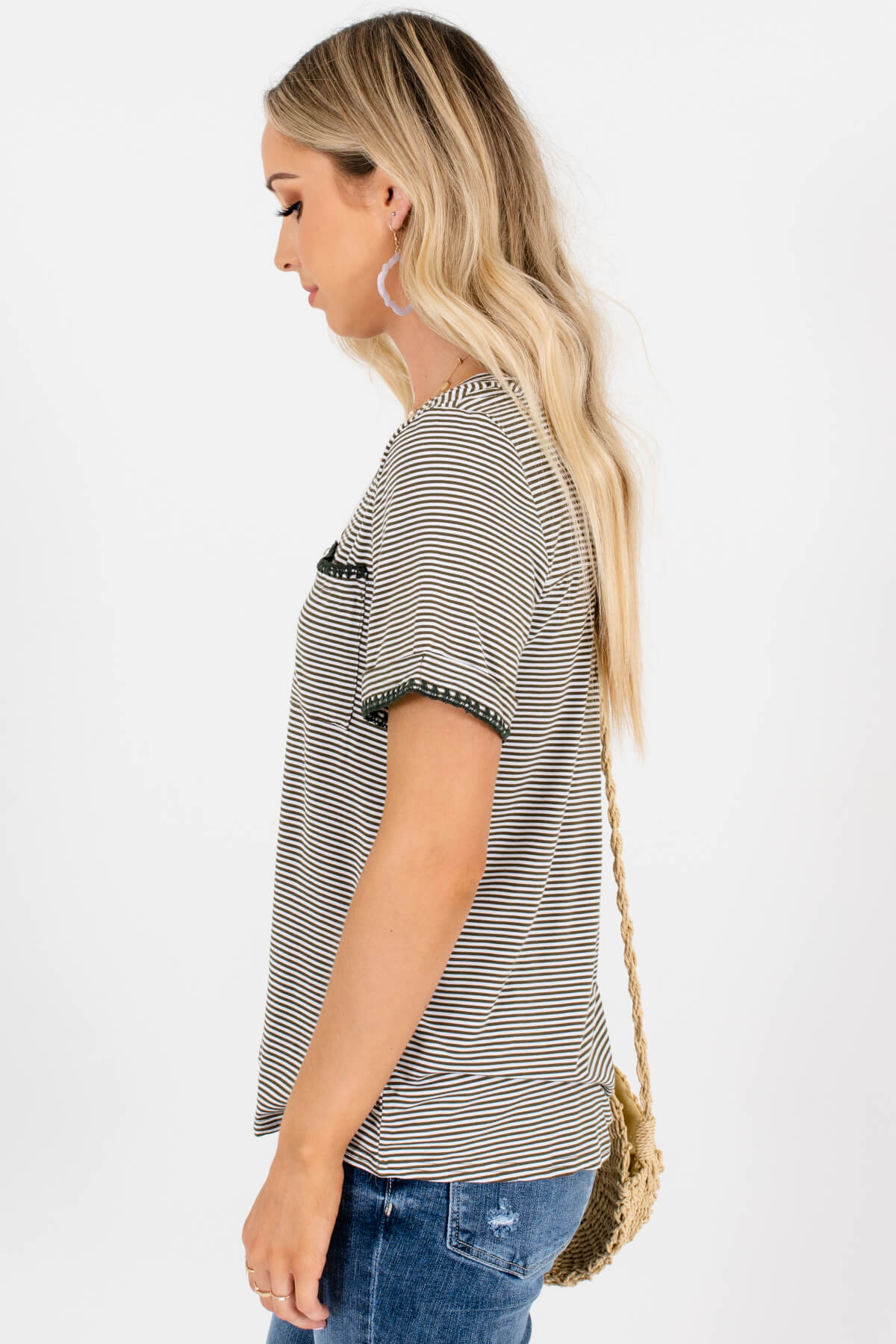 Olive Green White Striped Womens T-Shirts and Tees