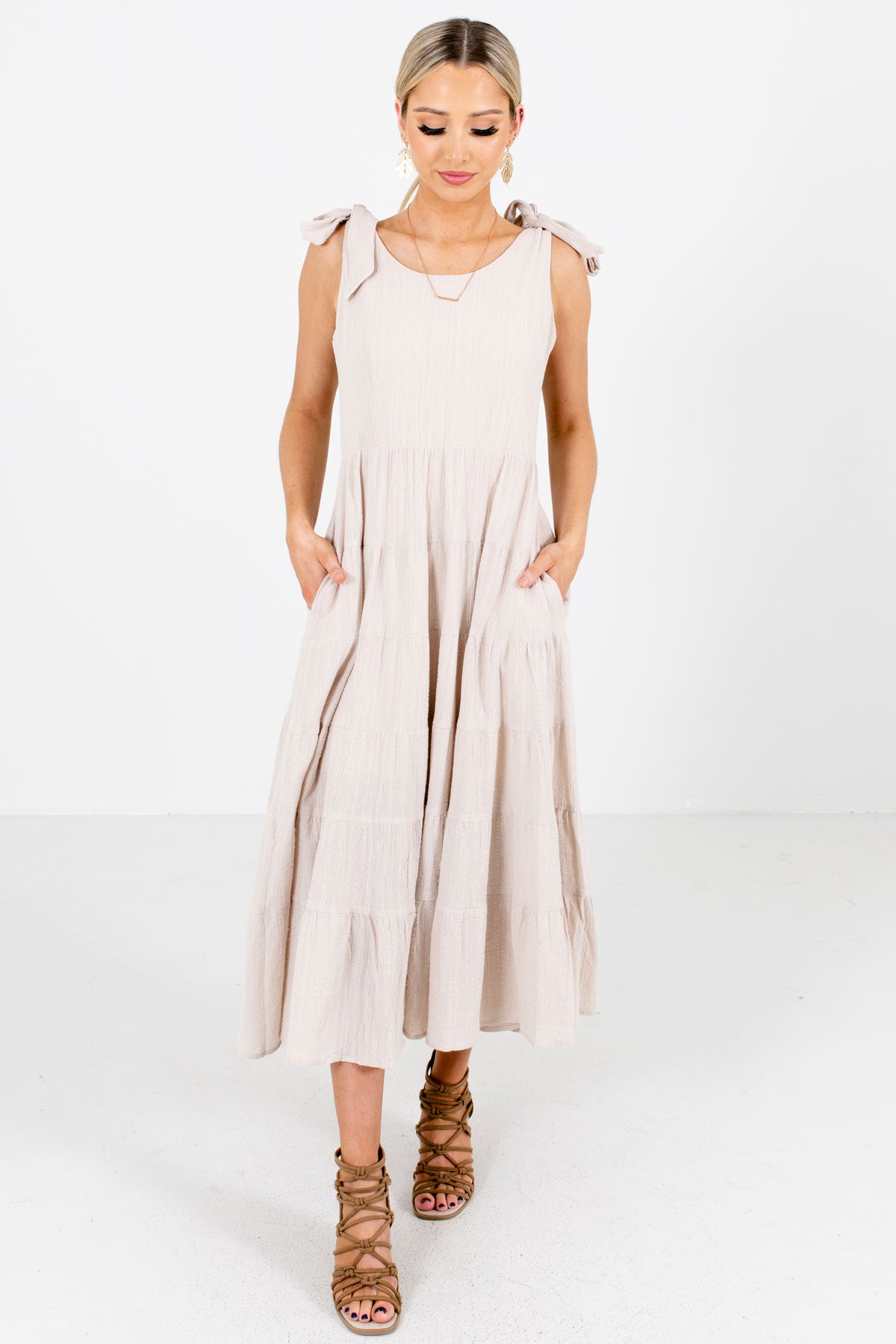 Beige Brown Self-Tie Strap Boutique Midi Dresses for Women