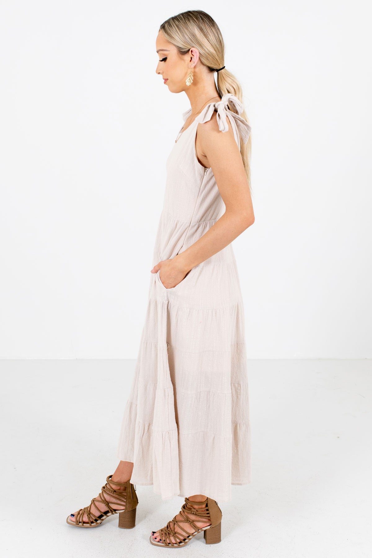 Beige Boutique Midi Dresses with Pockets for Women