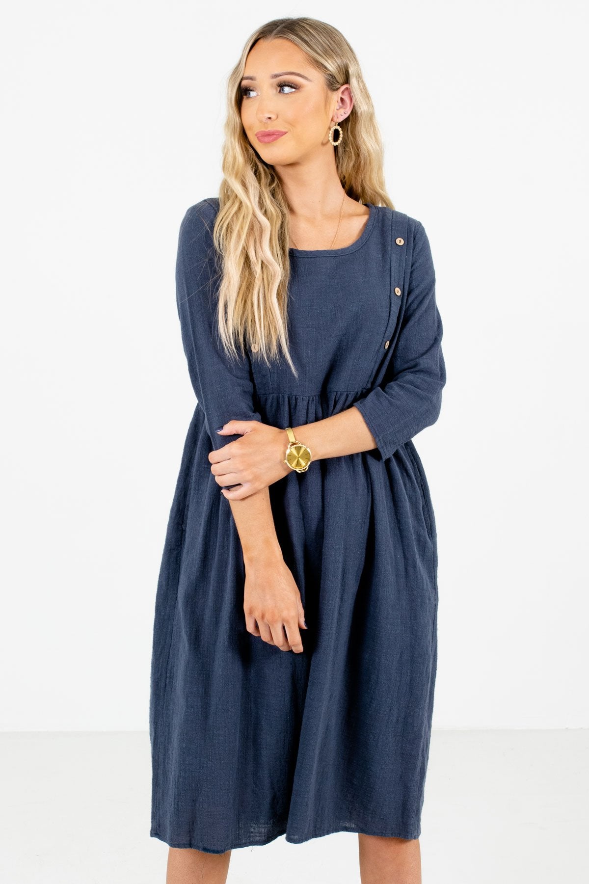 Women’s Blue Boutique Knee-Length Dress with Pockets