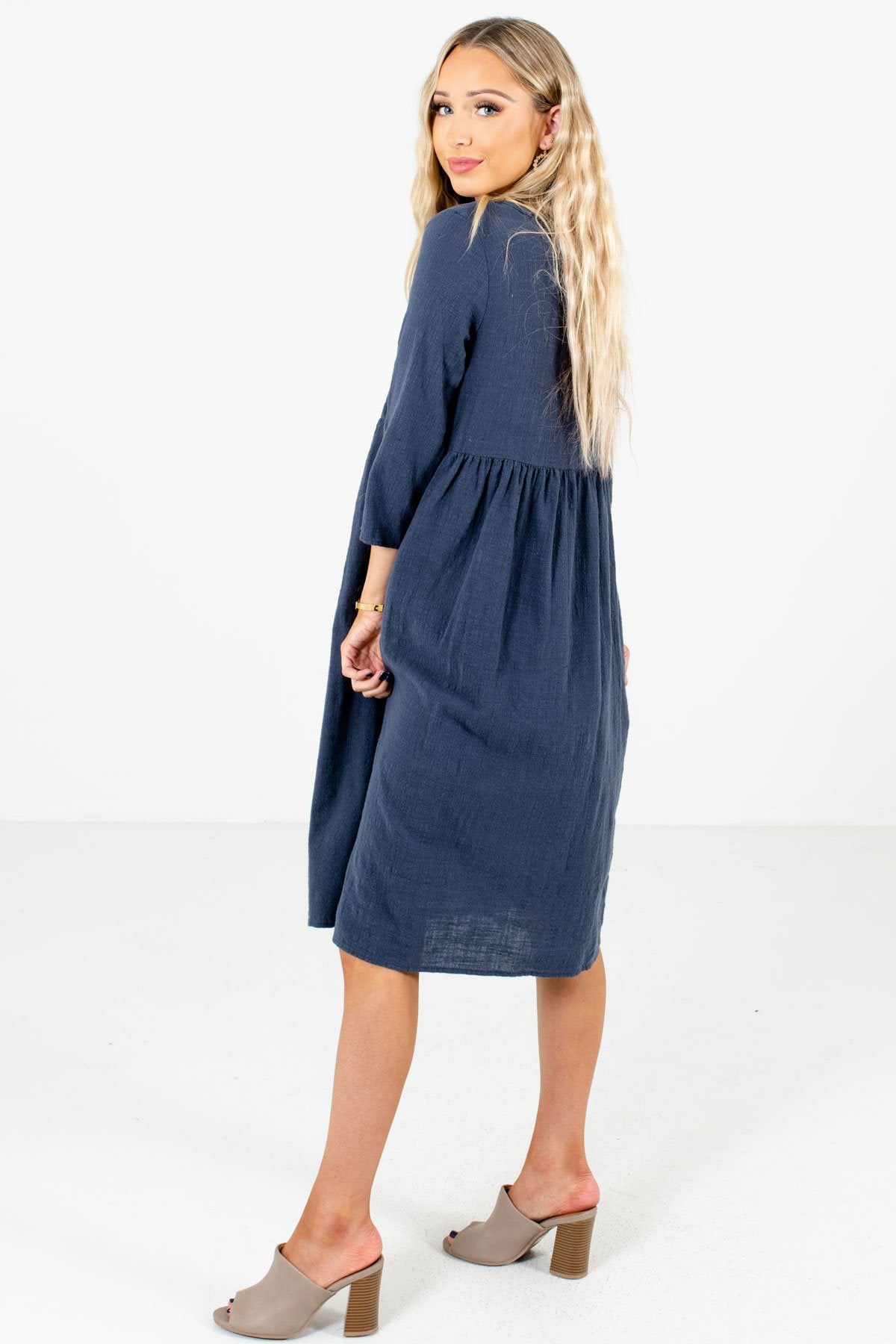 Blue ¾ Length Sleeve Boutique Dresses for Women