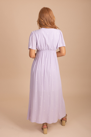 purple elastic waistband midi dress