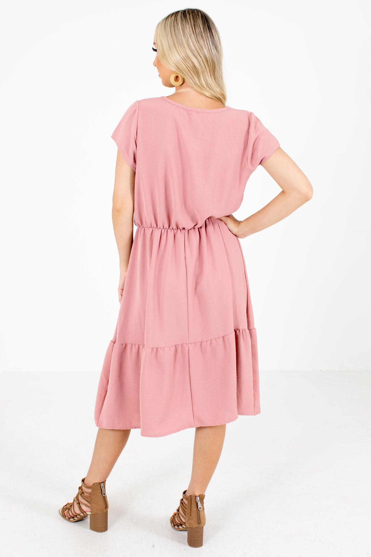 Women's Pink Elastic Waistband Boutique Midi Dress